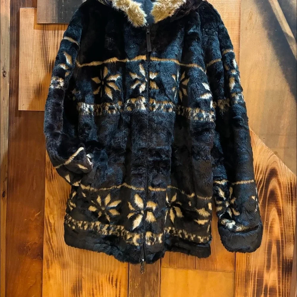 Vintage Faux Fur Coat black Snowflake Jacket - Picture 2 of 5